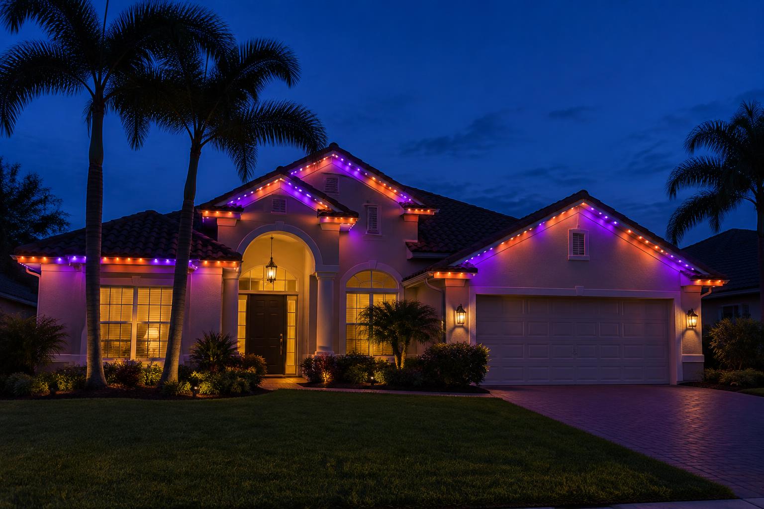 Florida home with orange and purple permanent roofline lighting for Halloween